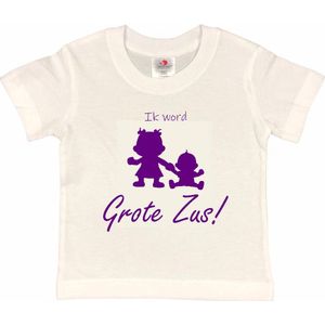 Shirt Aankondiging zwangerschap Ik word grote zus! 2.0 | korte mouw | wit/paars | maat 98/104 zwangerschap aankondiging bekendmaking Baby big sis sister Grote Zus