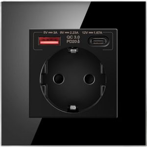 Zwart Inbouw Stopcontact USB-A + USB-C – Glazen Front – Hoogglans – Fast Charge – Type F