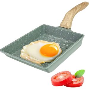 omeletpannen met antiaanbaklaag, Tamagoyaki eierpan, geschikt voor gasfornuis en inductiekookplaat, rechthoekige vetvrije koekenpan met houten handvat en olieborstel (groen, 20 x 15 cm)