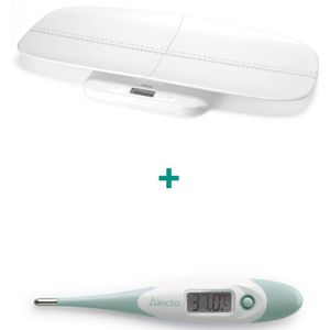 Alecto Baby Gezondheid Bundel - Digitale Baby Weegschaal tot 150kg met Groeimeter - Set met digitale Thermometer