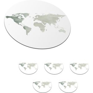 Onderzetters voor glazen - Rond - Wereldkaart - Simpel - Grijs - 10x10 cm - Glasonderzetters - 6 stuks