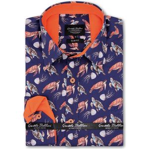 Heren Overhemd - Slim Fit - Turtles and Jellyfish Satijn - Blauw - Maat S