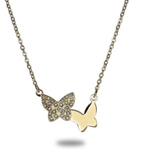 Twice As Nice Halsketting in goudkleurig edelstaal, 2 vlinders, kristallen 42 cm+5 cm