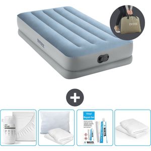 Intex Luchtbed - 1-Persoons - 99 x 191 x 36 cm - Blauw/Grijs - Inclusief pomp - Hoeslaken - Kussen - Reparatieset en Kussenbeschermer