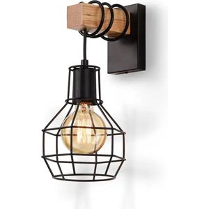 Lampen district® - industriële wandlamp - Landelijke Wandlamp - zwarte - houten wandlamp - bedlamp - E27 fitting - excl. lichtbron