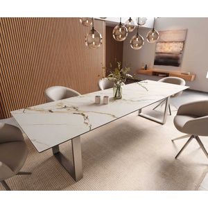 Eetkamertafel Edge keramiek Calacatta Luxe wit-goud-grijs 300x100 RVS Schmal