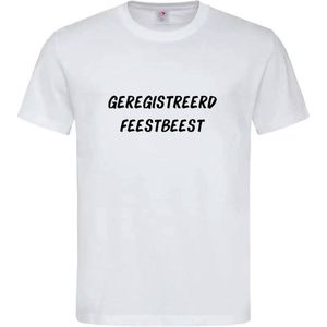 T-shirt Unisex Volwassenen Grappig Tekst ""Geregistreerd feestbeest"" Op Voorkant | korte mouw | Wit/zwart | maat XL