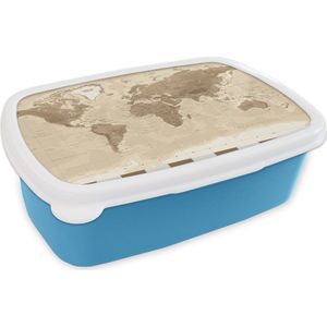 Broodtrommel Blauw - Lunchbox - Brooddoos - Wereldkaart - Vintage - Bruin - 18x12x6 cm - Kinderen - Jongen