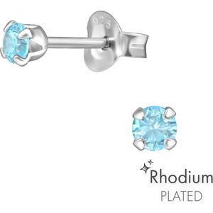 Joy|S - Zilveren oorknopjes 3 mm - aqua blauw - zirkonia - rhodium plated - oorbellen
