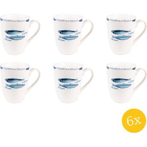 Clayre & Eef Mok set van 6 stuks 330 ml Wit Blauw Porselein Vissen Theemok