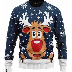 JAP Christmas Kersttrui (maat 2XL) - 100% Gerecycled - Kriebelt niet - Kerstcadeau volwassenen - Foute Kersttrui dames en heren XXL - Rudolf het Rendier - Donker blauw