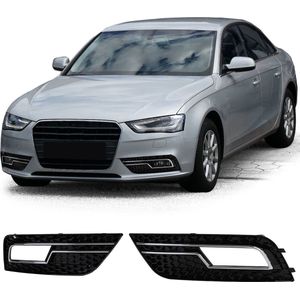 Honingraat Grill Afdekkap Voor Standaard Bumper Audi A4 B8 2011 t/m 2015 Mistlampen Chrome / Glans Zwart