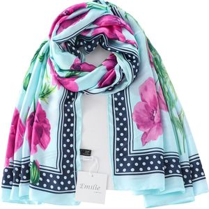 Emilie scarves - sjaal - lang - silky feeling - bloemenprint - klaprozen - mintblauw