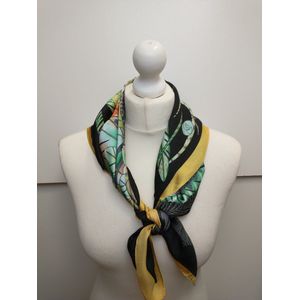 Vierkante dames sjaal Riet fantasiemotief verenmotief geel zwart groen oranje wit bruin
