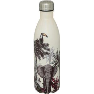 Thermosfles Jungle / Olifant / Palm 1000 ml Wite / Geel / Multicolour - Eén liter - RVS drinkfles - waterfles - thermosfles - Prints - Thermosbeker
