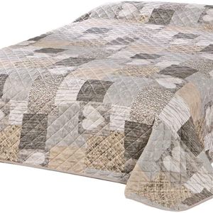 Moderne Bedsprei met Patchwork Design en Hartjes, Bruin, 200x220 cm