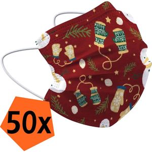 Mondkapje Kerst Wegwerp Rood - Mondmasker Wegwerp Niet Medisch Mondkapje Wanten - Kerst Mondkapje Wegwerp Universeel - 50 Stuks