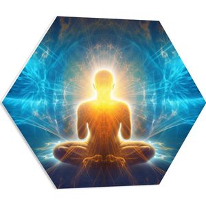 PVC Schuimplaat Hexagon - Mediteren - Meditatie - Lotushouding - Blauw - Oranje - 60x52.2 cm Foto op Hexagon (Met Ophangsysteem)