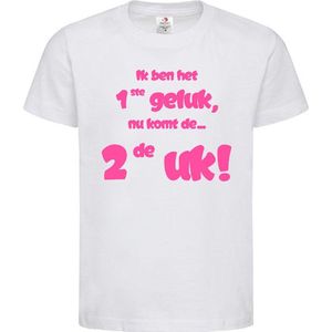 Shirt Aankondiging zwangerschap Ik ben het 1ste geluk, nu komt de ... 2de uk! | korte mouw | wit/roze | maat 122/128 zwangerschap aankondiging bekendmaking Baby big sis bro sister brother Grote Zus Broer