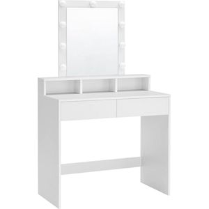 Kaptafel, Make up tafel met spiegel en gloeilampen, instelbare helderheid, cosmetische tafel met 2 lades en 3 open vakken wit