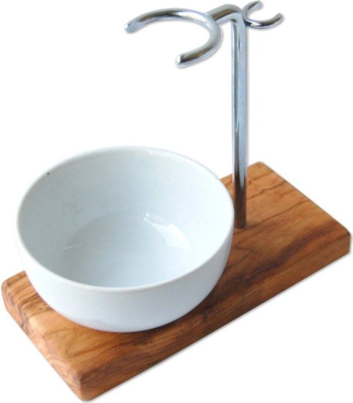 D.O.M. Luxe Scheerkwasthouder met Scheer Schaaltje – Olijfhout & Porselein, Duurzaam en Stijlvol voor Nat Scheren