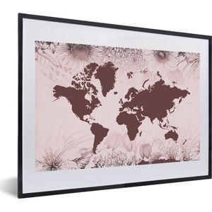 Fotolijst incl. Poster - Wereldkaart - Bloemen - Paars - 60x40 cm - Posterlijst