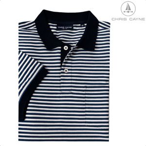 Chris Cayne poloshirt - maat XXL - gestreep dessin - blauw/offwhite - luxe kraag en manchetten - pique - stretch - met borstzak