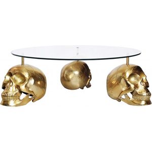 Design salontafel SKULL XXL 90 cm goud rond glazen blad metalen schedel handgemaakt