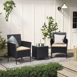 Balkonmeubels, Tuinmeubelset, Van Pe-Polyrotan, Loungeset, Tafel En 2 Stoelen, Terrasmeubels, Outdoor, Voor Terras, Balkon, Tuin, Zwart-Taupe