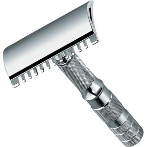 Demonteerbaar reis scheerapparaat - chroom - in beschermhoes van leer