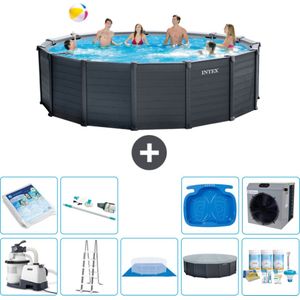 Intex Rond Graphite Gray Panel Zwembad - 478 x 124 cm - Inclusief Pomp - Ladder - Grondzeil - Afdekzeil Onderhoudspakket - Glasparels - Stofzuiger - Voetenbad - Warmtepomp