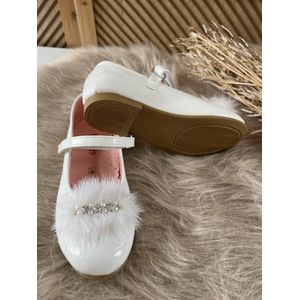 meisjesschoenen-luxe feestschoenen-kinderschoenen-leren ballerina- schoenen met enkelband-klittenbandsluiting-pluche-bruidsmeisjes-bruiloft-doopsel-feest-verjaardag-fotoshoot-parels-strass steentjes-kleur wit- maat 22