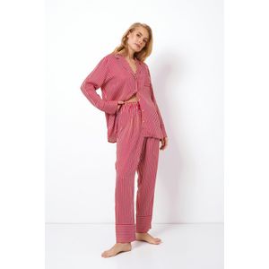Dames Pyjama Candice-Lange Mouwen & Broek-Gouden Hart Knopen-Glanzende Viscose-Rood/Wit-Maat S