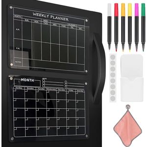 Magneetbord, acryl kalender voor de koelkast, weekplanner, afwasbaar, maandplanner met 6 markers en accessoires, als familieplanner, to-do-lijst en memobord, 40 x 30 cm, zwart