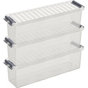 3x Sunware Q-Line opberg boxes/opbergdozen 1,3 liter 27 x 8,4 x 9 cm kunststof - Langwerpige/smalle opslagbox - Opbergbak kunststof transparant/zilver