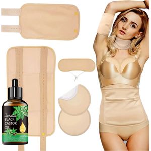 Castor Oil pack set + Castor Olie - 6-delig - voor Buik, Nek, Borsten, Benen en Armen - Kaki