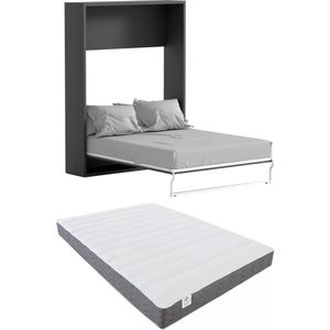 Vente-unique Bedkast 160 x 200 cm - Handmatige verticale opening - Donkergrijs en houtlook + matras - MALINA II L 174 cm x H 208.5 cm x D 214 cm