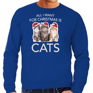 Kitten Kerstsweater / Kerst trui All I want for Christmas is cats blauw voor heren - Kerstkleding / Christmas outfit XL