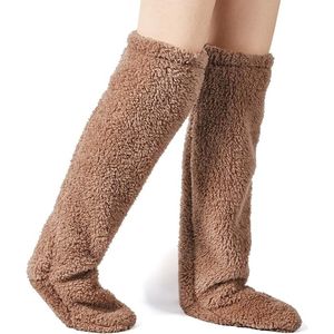 Huissokken - 1 paar - Slaapsokken - Warme Winter Sokken - Sokken - Fuzzy Slipper Sokken - Overknee sokken - Fluffy Sokken - Kniekousen - Lange sokken - Hoge sokken - Overknee dij hoge fuzzy sokken - vrouwen pluche pantoffel kous - bruin