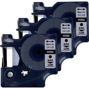 DULA Dymo D1 45800 - S0720820 - Compatible label tape - 3 lettertapes - Zwart op transparant - 19mm x 7m