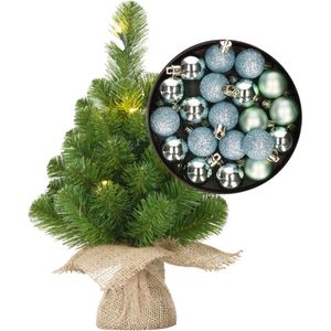 Mini kerstboom/kunstboom met verlichting 45 cm en inclusief kerstballen mintgroen - Kerstversiering