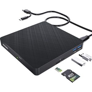 Draagbare Externe CD/DVD Drive met USB C en Kaartlezer - Hoge Snelheid voor PC