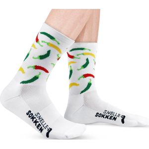 Hardloopsokken - Peper print - Wit - Maat 39 tot 45+ Snelle Sokken - Compressie hardloopsokken tot Enkel - Vrolijke Sportsokken - Sportsokken heren - Sportsokken vrouwen - Nylon hardloopsokken - Antizweet