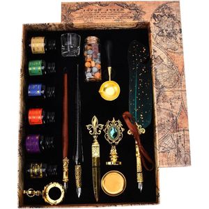 Inktset Ganzenveer - Veer en Inkt Kit - Dip Pen - Glass Dip Pen - 18 Pcs Nibs - 6 Pcs Inkt - Fire Lacquer Wax Deeltjes - Ideale Gift Kit voor Schrijven Tekenen - Donkergroen