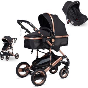 Bronea - EXQUISE Luxe multi-functionele kinderwagen 3 in 1 | Meerdere kleurcombinaties | Incl. MATRAS, Buggy, Autostoel, Luiertas, Regenhoes, Voetenwarmer, Muggen net & Zonneklep - Grijs/Zwart