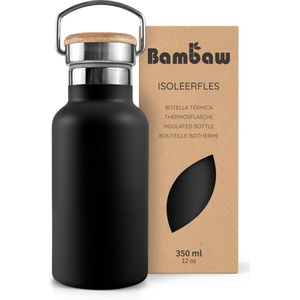 Bambaw® 350ml RVS Thermosfles - Isoleerfles, Dubbelwandig, Lekvrijen, loodvrij en Plasticvrij Geïsoleerde Fles met Bamboe Deksel voor Warme en Koude Dranken - Ideaal voor Reizen, Werk, Yoga, Wandelen en Dagelijks Gebruik – zwart