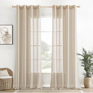 Unyqoos ® Transparante Linnen Voile Gordijnen Set met Oogjes voor Woon- en Slaapkamer, 140 x 245 cm, Beige