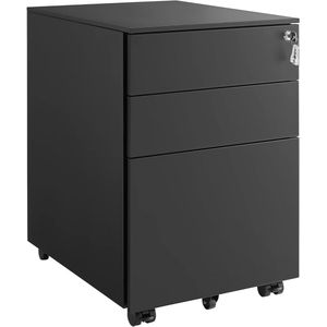 Conway Living® - Luxe Stalen Ladeblok Op Wielen - Met Slot - Verrijdbare Archiefkast Kantoor Kast - Mobiele Hangmap Bureau Kast - Afsluitbaar - 3 Laden - Zwart
