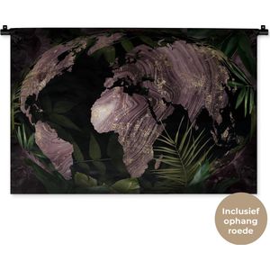 Wandkleed WereldkaartenKerst illustraties - Paarse wereldkaart met marmerpatroon in ovalen 3D vorm met tropische bladeren Wandkleed katoen 90x60 cm - Wandtapijt met foto