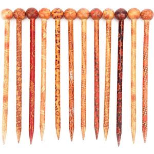 12pcs Houten Haarstokjes - Retro Gedrukt Ronde Hoofd Haar Chopsticks - Folklore Stijl Elegante Temperamentvolle Lange Haar Handgemaakte Chignon Maker Haaraccessoires